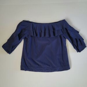 L'agence Silk Off the Shoulder Navy Ruffle Blouse, Size small, Romantic Luxe
